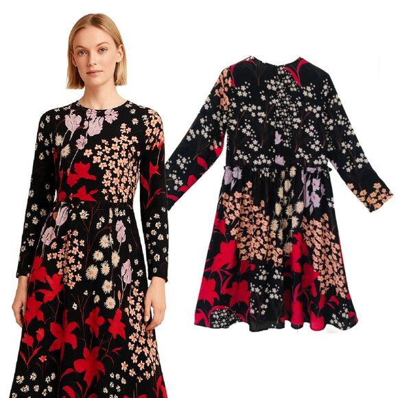 AVA & LU Vibrant Multicolor Floral Print Black Background Knee Length Dress Sz S - Picture 3 of 6